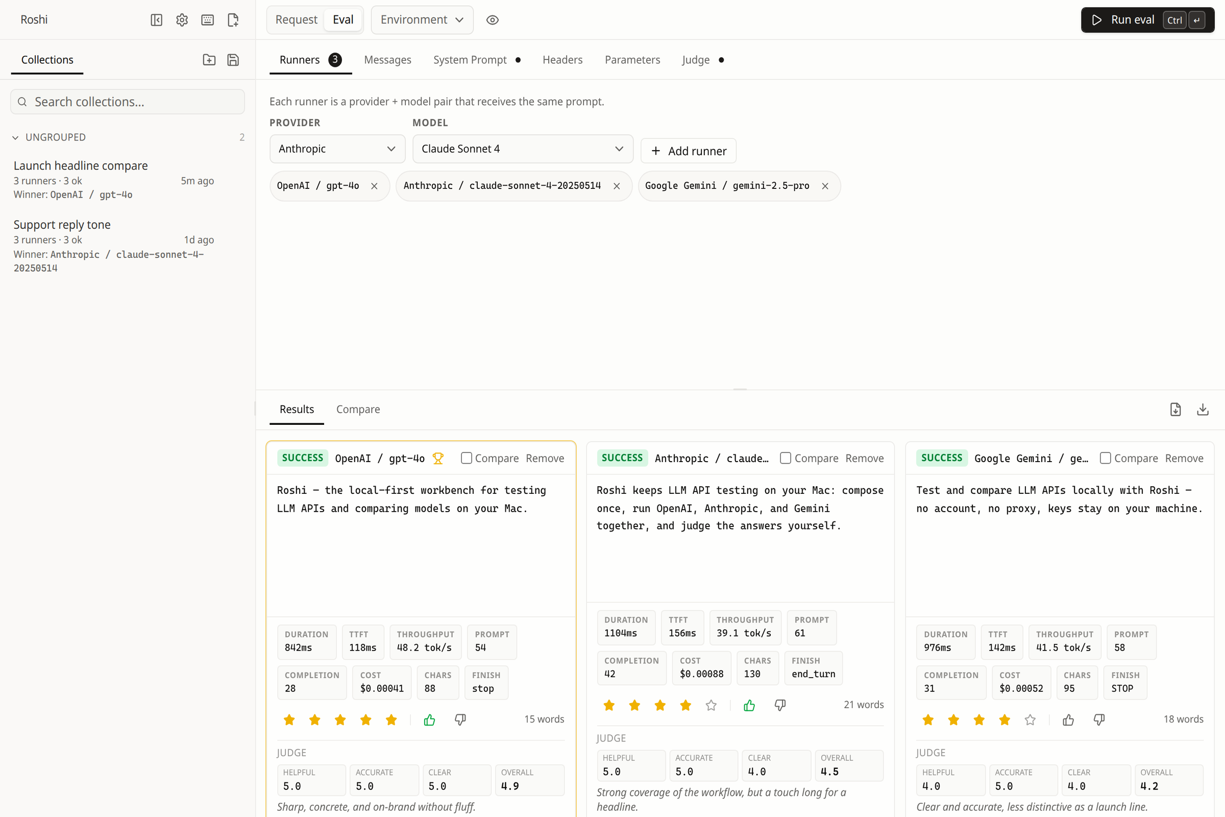 Roshi Eval view with three model runners and side-by-side results including latency, cost, ratings, and LLM judge scores