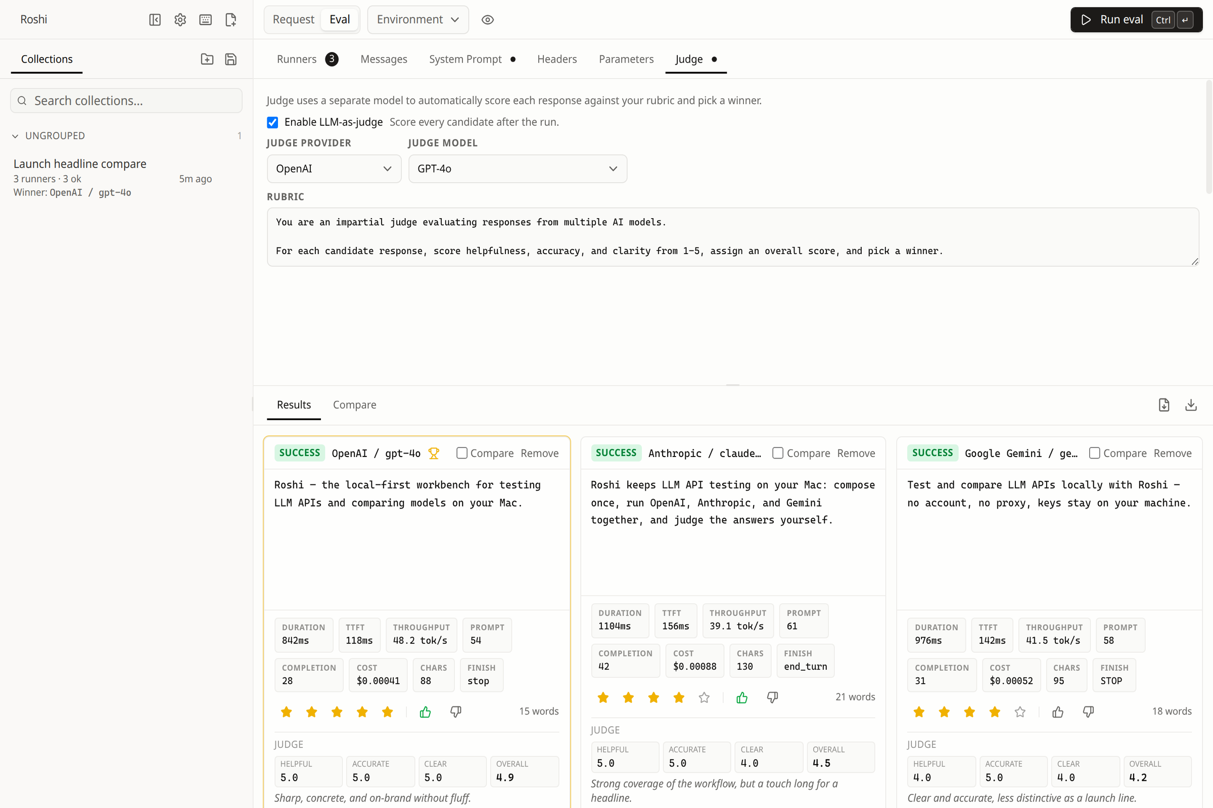 Roshi Eval Judge tab with LLM-as-judge enabled, OpenAI GPT-4o selected as the judge, and a custom scoring rubric